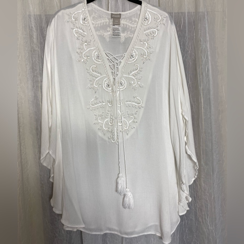 Chicos Size S/ M White Beaded Flowy Butterfly Sleeve Tunic Beach Cover Up Tassel